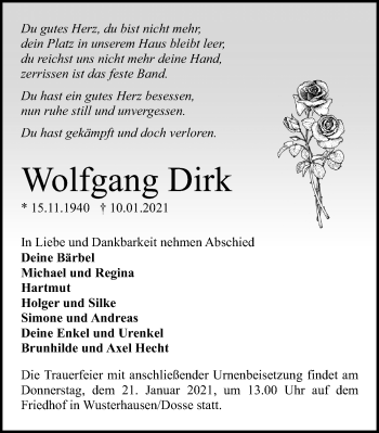 Traueranzeige von Wolfgang Dirk