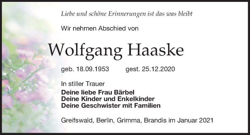  Traueranzeige für Wolfgang Haaske vom 26.01.2021 aus Leipziger Volkszeitung