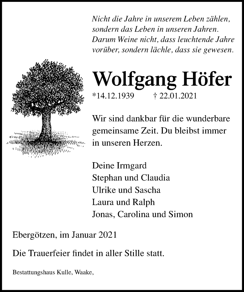  Traueranzeige für Wolfgang Höfer vom 30.01.2021 aus Göttinger Tageblatt