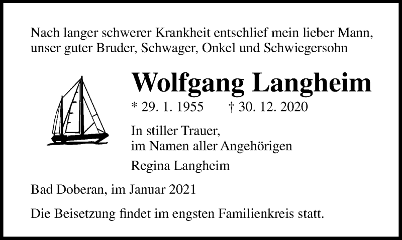  Traueranzeige für Wolfgang Langheim vom 09.01.2021 aus Ostsee-Zeitung GmbH