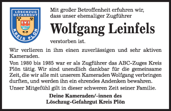 Traueranzeige von Wolfgang Leinfels von Kieler Nachrichten