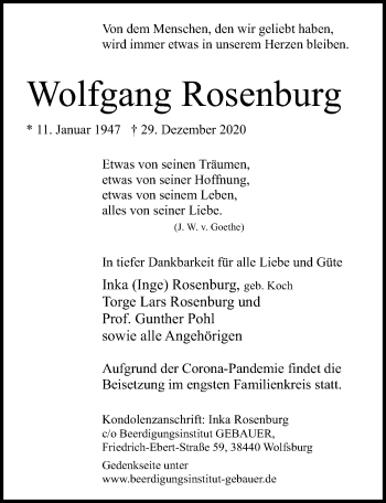 Traueranzeige von Wolfgang Rosenburg von Aller Zeitung