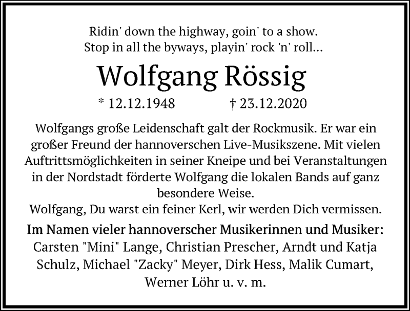  Traueranzeige für Wolfgang Rössig vom 02.01.2021 aus Hannoversche Allgemeine Zeitung/Neue Presse