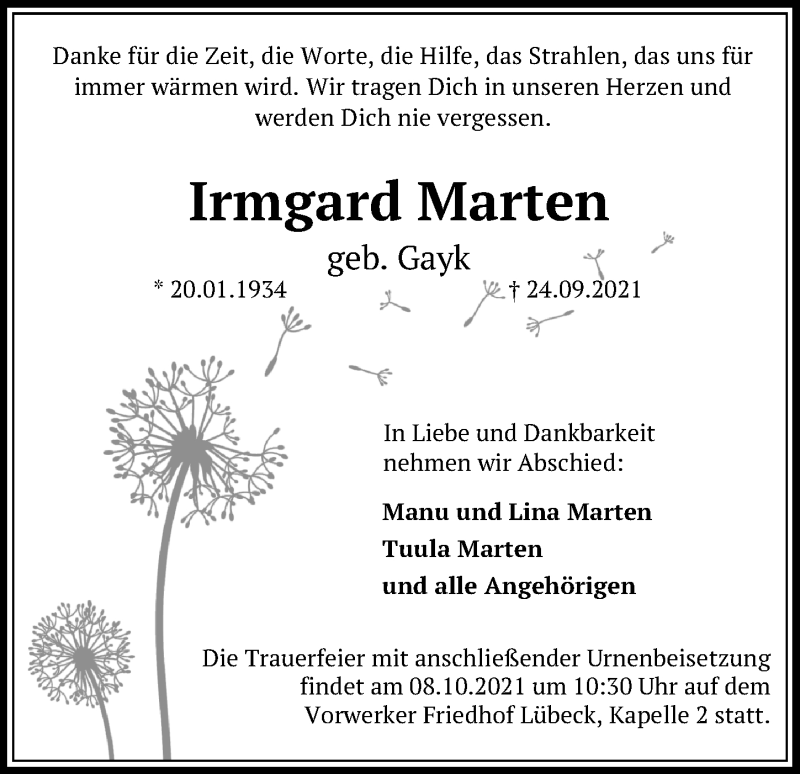  Traueranzeige für Irmgard Marten vom 03.10.2021 aus 