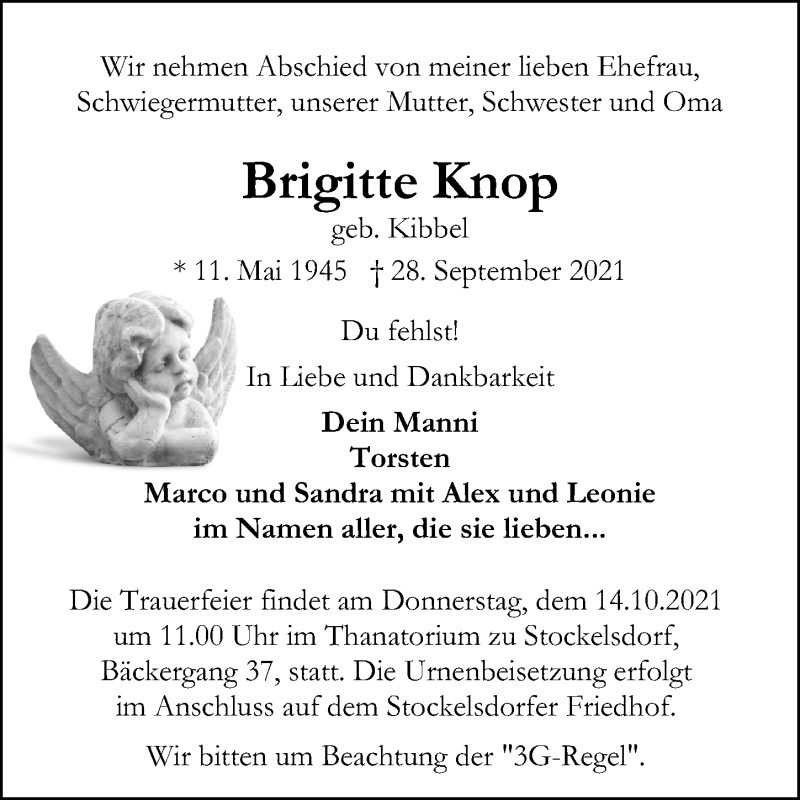  Traueranzeige für Brigitte Knop vom 12.10.2021 aus 