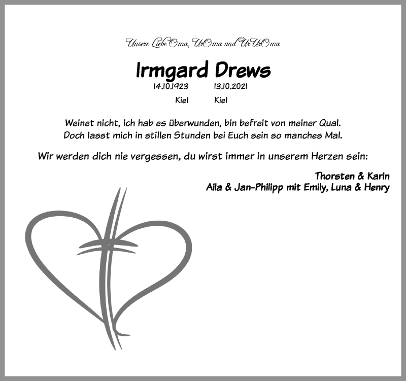  Traueranzeige für Irmgard Drews vom 14.10.2021 aus Kieler Nachrichten