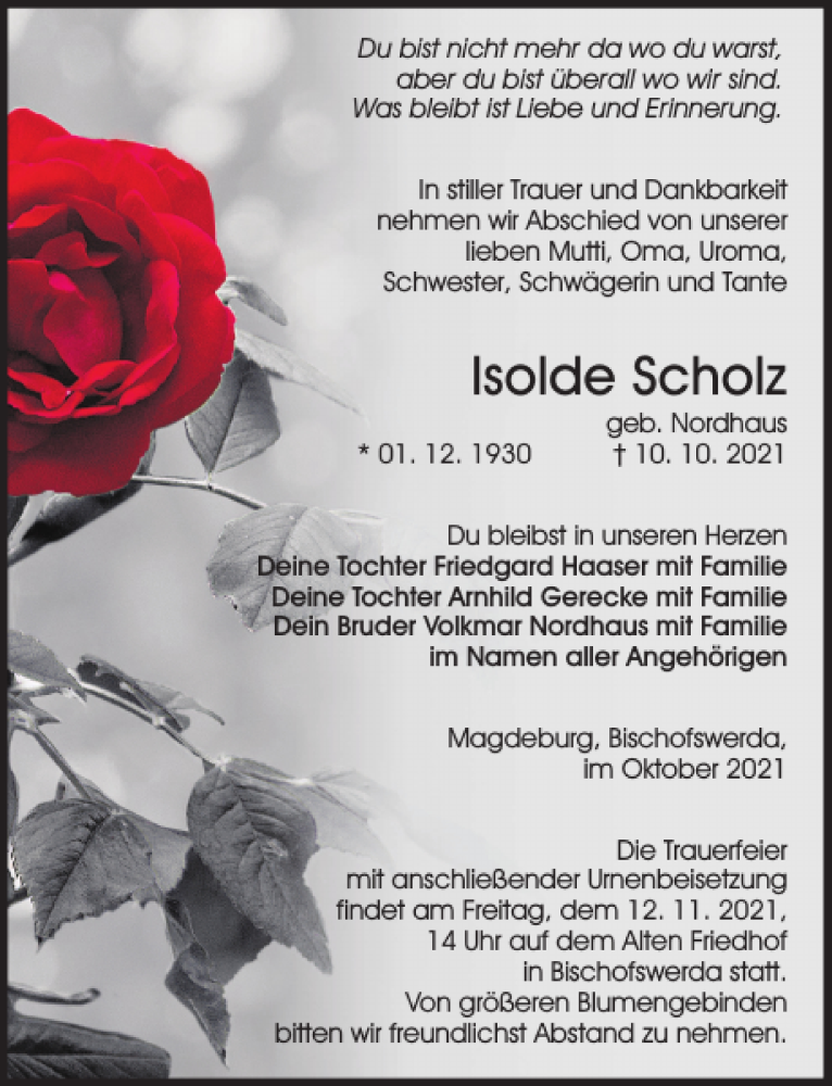  Traueranzeige für Isolde Scholz vom 15.10.2021 aus Sächsische Zeitung