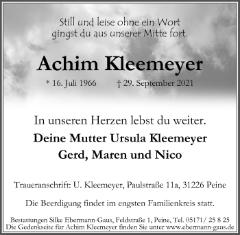 Traueranzeige von Achim Kleemeyer von Peiner Allgemeine Zeitung