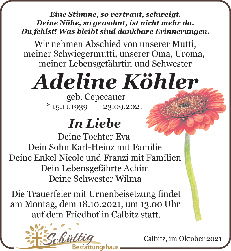  Traueranzeige für Adeline Köhler vom 02.10.2021 aus Leipziger Volkszeitung
