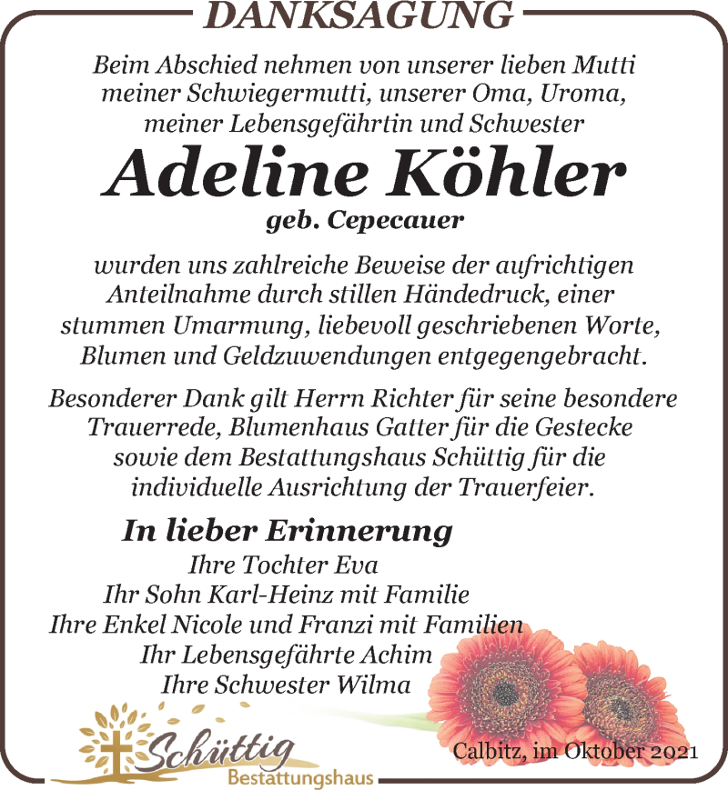  Traueranzeige für Adeline Köhler vom 30.10.2021 aus Leipziger Volkszeitung