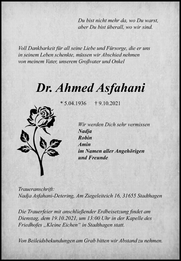  Traueranzeige für Ahmed Asfahani vom 16.10.2021 aus Schaumburger Nachrichten