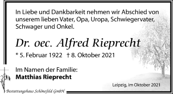 Traueranzeige von Alfred Rieprecht von Leipziger Volkszeitung