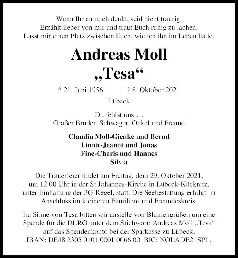  Traueranzeige für Andreas Moll vom 24.10.2021 aus Lübecker Nachrichten
