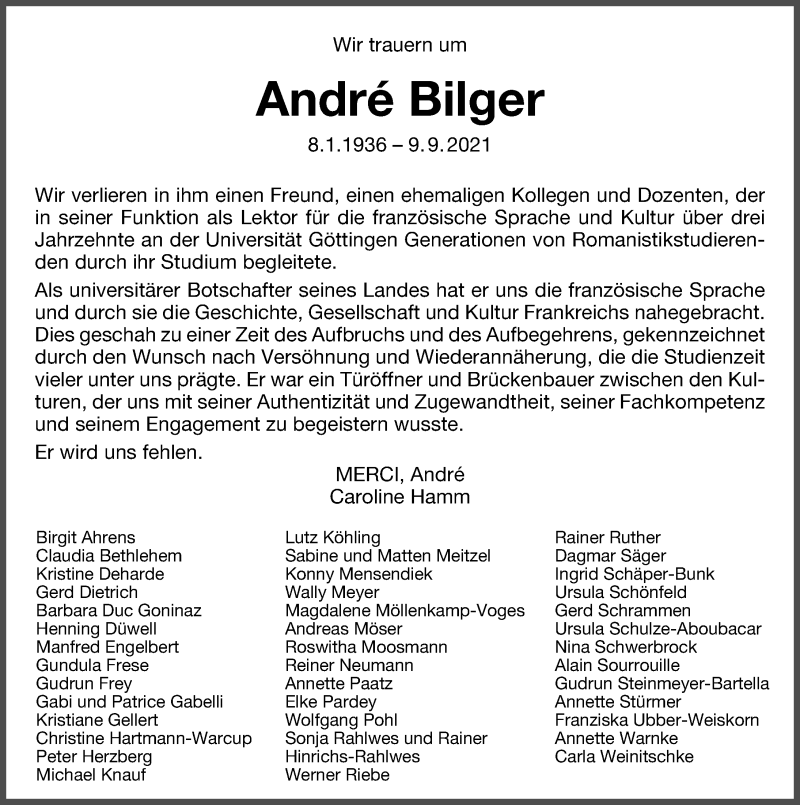  Traueranzeige für André Bilger vom 23.10.2021 aus Göttinger Tageblatt