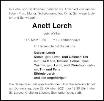 Traueranzeige von Anett Lerch von Lübecker Nachrichten