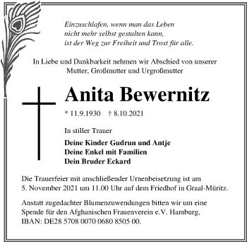 Traueranzeige von Anita Bewernitz von Ostsee-Zeitung GmbH