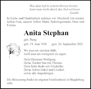 Traueranzeige von Anita Stephan von Ostsee-Zeitung GmbH