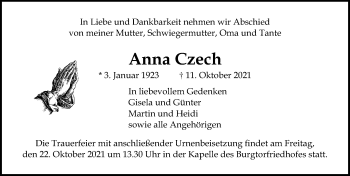 Traueranzeige von Anna Czech von Lübecker Nachrichten