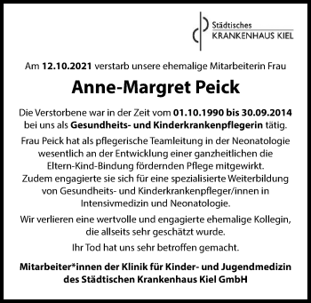 Traueranzeige von Anne-Margret Peick von Kieler Nachrichten