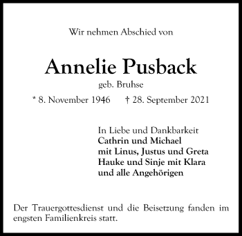 Traueranzeige von Annelie Pusback von Lübecker Nachrichten
