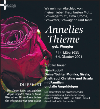 Traueranzeige von Annelies Thieme von Leipziger Volkszeitung