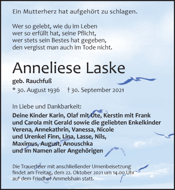 Traueranzeige von Anneliese Laske von Leipziger Volkszeitung