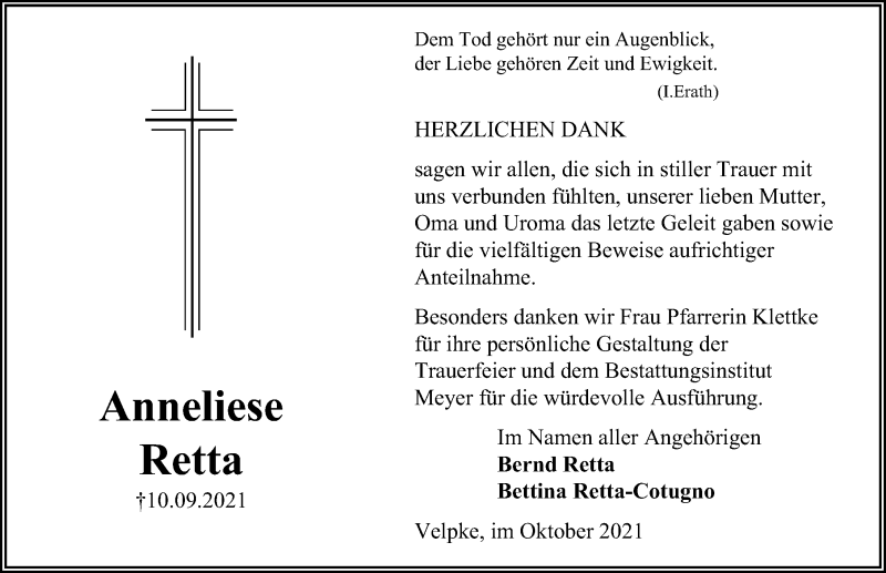  Traueranzeige für Anneliese Retta vom 13.10.2021 aus Aller Zeitung