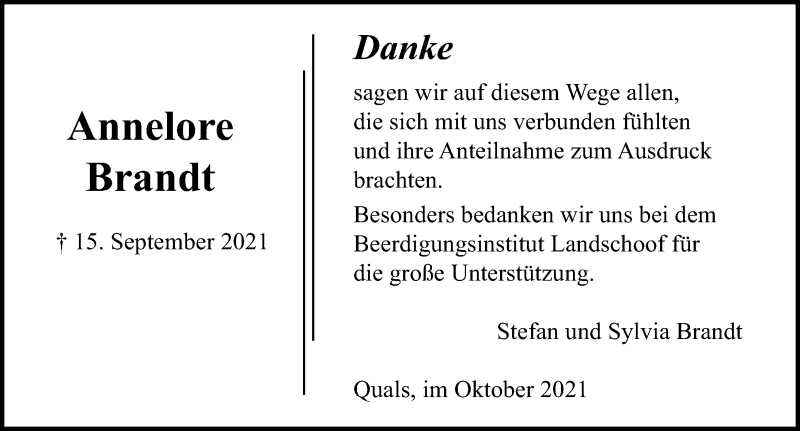  Traueranzeige für Annelore Brandt vom 20.10.2021 aus Lübecker Nachrichten