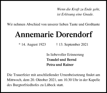 Traueranzeige von Annemarie Dorendorf von Lübecker Nachrichten