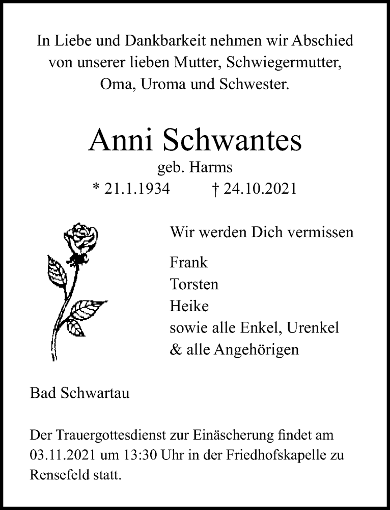  Traueranzeige für Anni Schwantes vom 31.10.2021 aus Lübecker Nachrichten