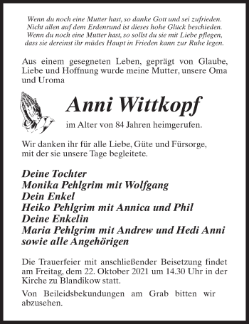 Traueranzeige von Anni Wittkopf von Märkischen Allgemeine Zeitung