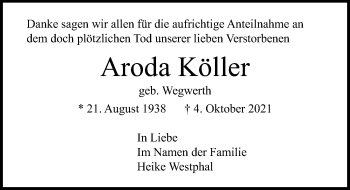 Traueranzeige von Aroda Köller von Lübecker Nachrichten