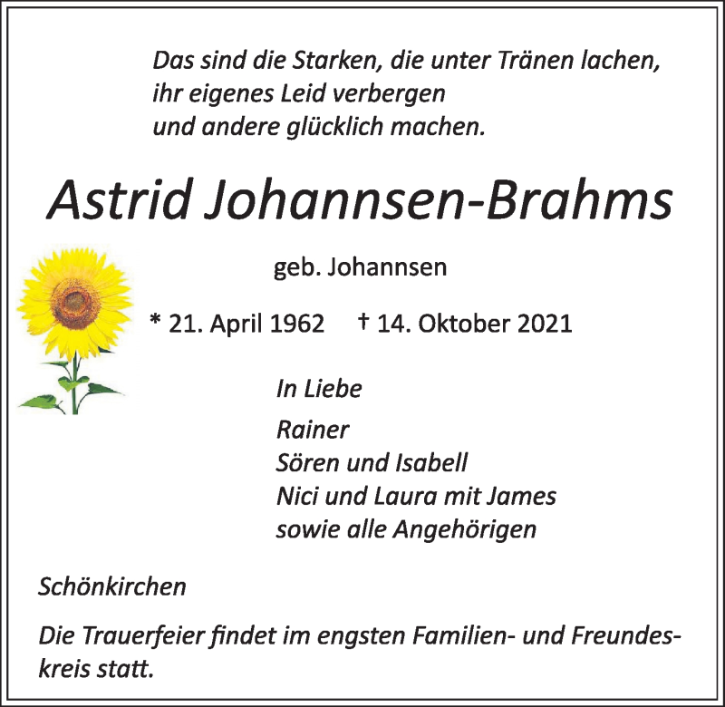  Traueranzeige für Astrid Johannsen-Brahms vom 16.10.2021 aus Kieler Nachrichten