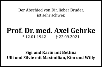 Traueranzeige von Axel Gehrke von Lübecker Nachrichten