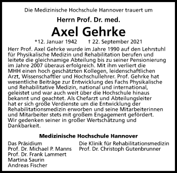 Traueranzeige von Axel Gehrke von Hannoversche Allgemeine Zeitung/Neue Presse