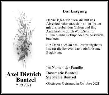 Traueranzeige von Axel Dietrich Buntzel von Göttinger Tageblatt