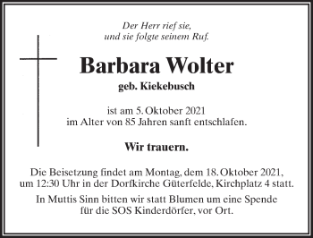Traueranzeige von Barbara Wolter von Märkischen Allgemeine Zeitung