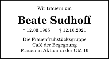 Traueranzeige von Beate Sudhoff von Göttinger Tageblatt