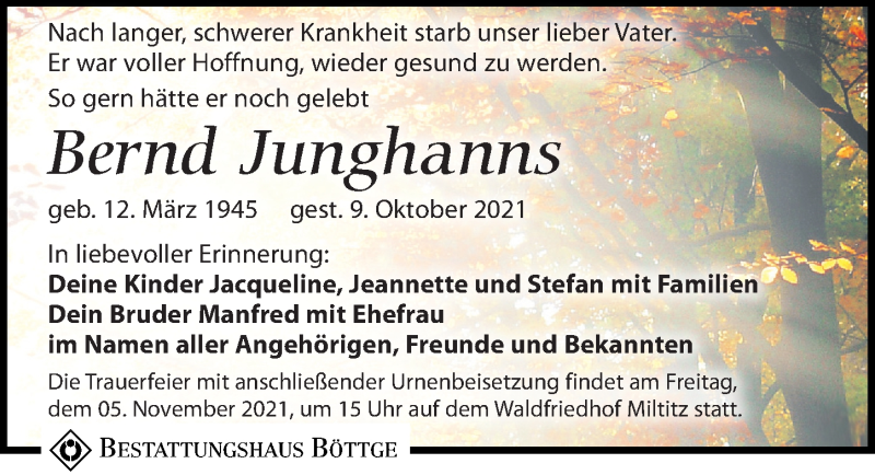  Traueranzeige für Bernd Junghanns vom 23.10.2021 aus Leipziger Volkszeitung