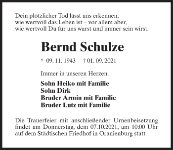 Traueranzeige von Bernd Schulze von Märkischen Allgemeine Zeitung