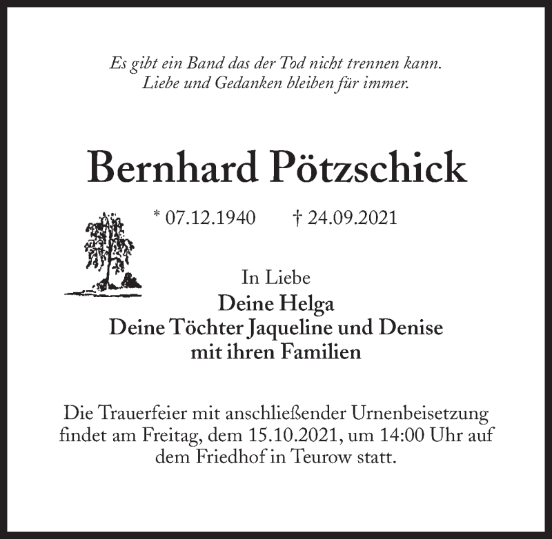  Traueranzeige für Bernhard Pötzschick vom 02.10.2021 aus Märkischen Allgemeine Zeitung