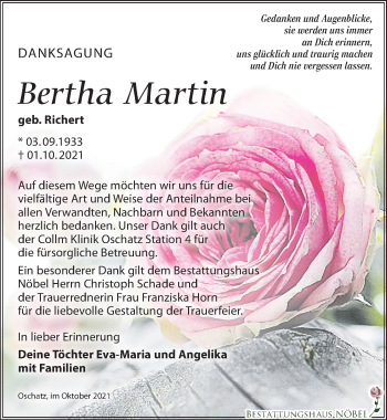 Traueranzeige von Bertha Martin von Leipziger Volkszeitung