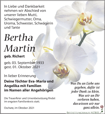 Traueranzeige von Bertha Martin von Leipziger Volkszeitung