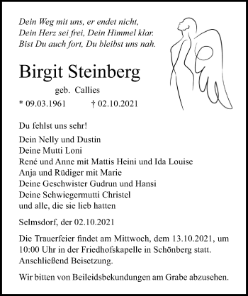 Traueranzeige von Birgit Steinberg von Ostsee-Zeitung GmbH