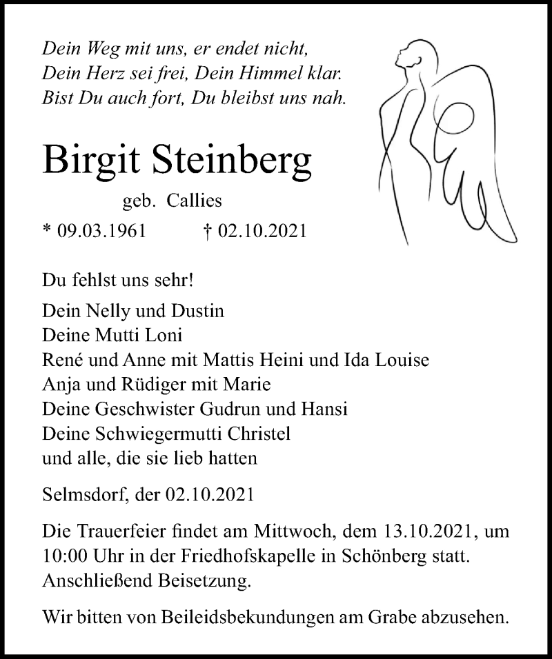  Traueranzeige für Birgit Steinberg vom 06.10.2021 aus Ostsee-Zeitung GmbH