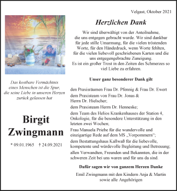 Traueranzeige von Birgit Zwingmann von Ostsee-Zeitung GmbH