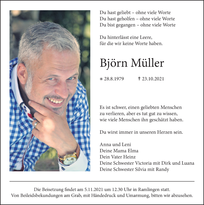  Traueranzeige für Björn Müller vom 30.10.2021 aus Hannoversche Allgemeine Zeitung/Neue Presse
