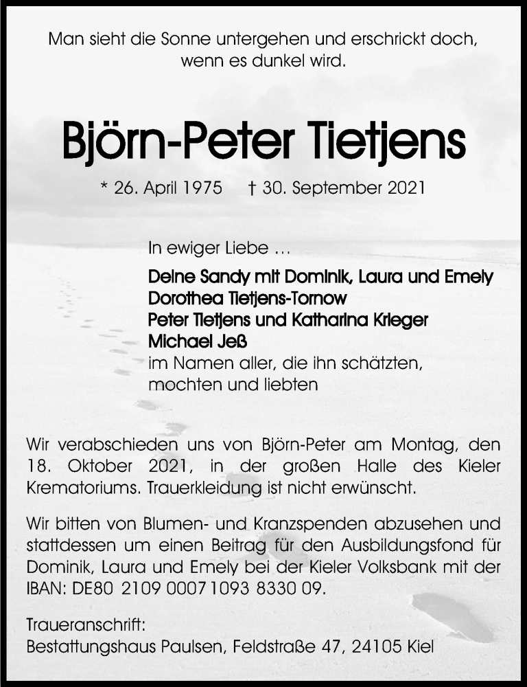  Traueranzeige für Björn-Peter Tietjens vom 09.10.2021 aus Kieler Nachrichten