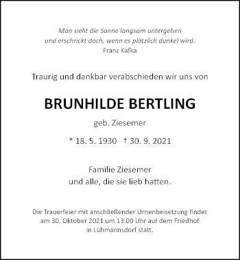 Traueranzeige von Brunhilde Bertling von Ostsee-Zeitung GmbH