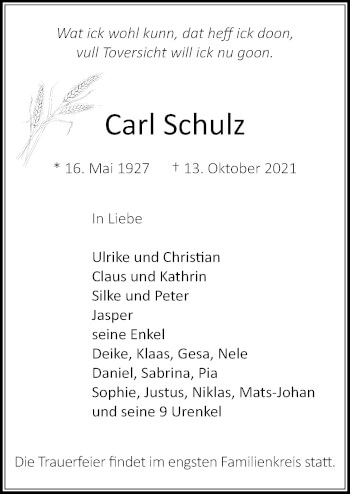 Traueranzeige von Carl Schulz von Lübecker Nachrichten